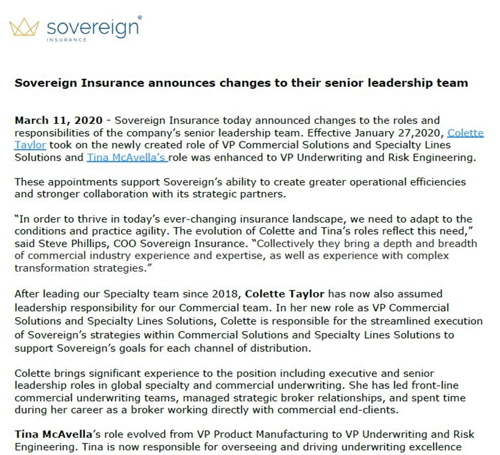 Preview of Press release regarding changes to senior leadership team